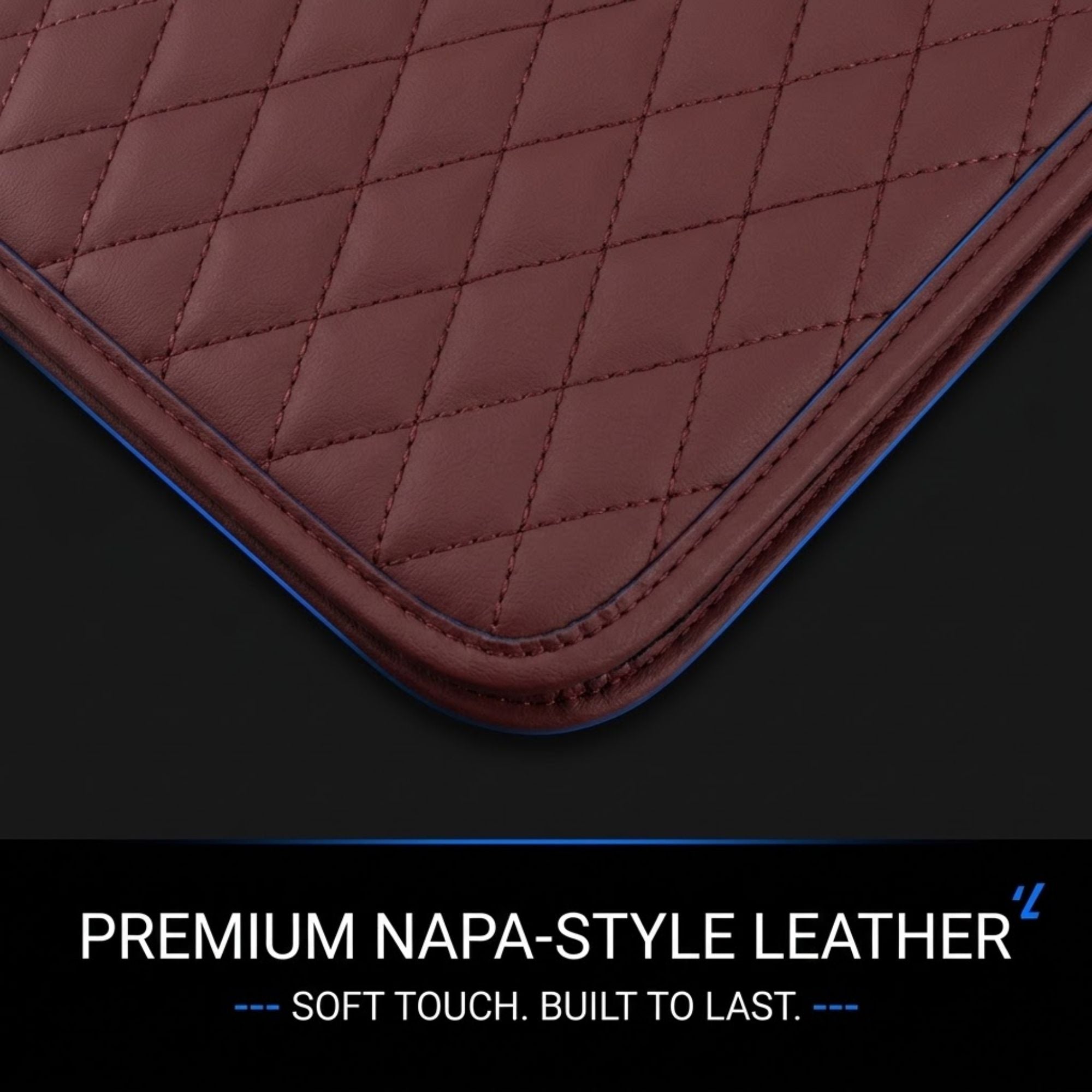 Close-up of a quilted brown leather product corner with blue piping, shown on a dark background with text reading 'PREMIUM NAPA-STYLE LEATHER' and 'SOFT TOUCH. BUILT TO LAST.