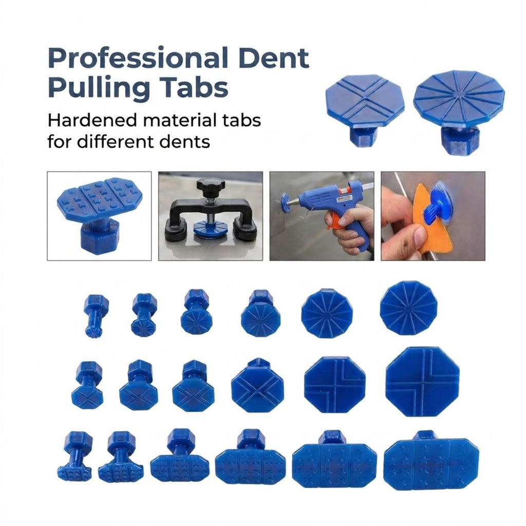 Blue octagonal dent pulling tabs shown in multiple sizes on a white background, with text reading 'Professional Dent Pulling Tabs' and small inset photos demonstrating use.
