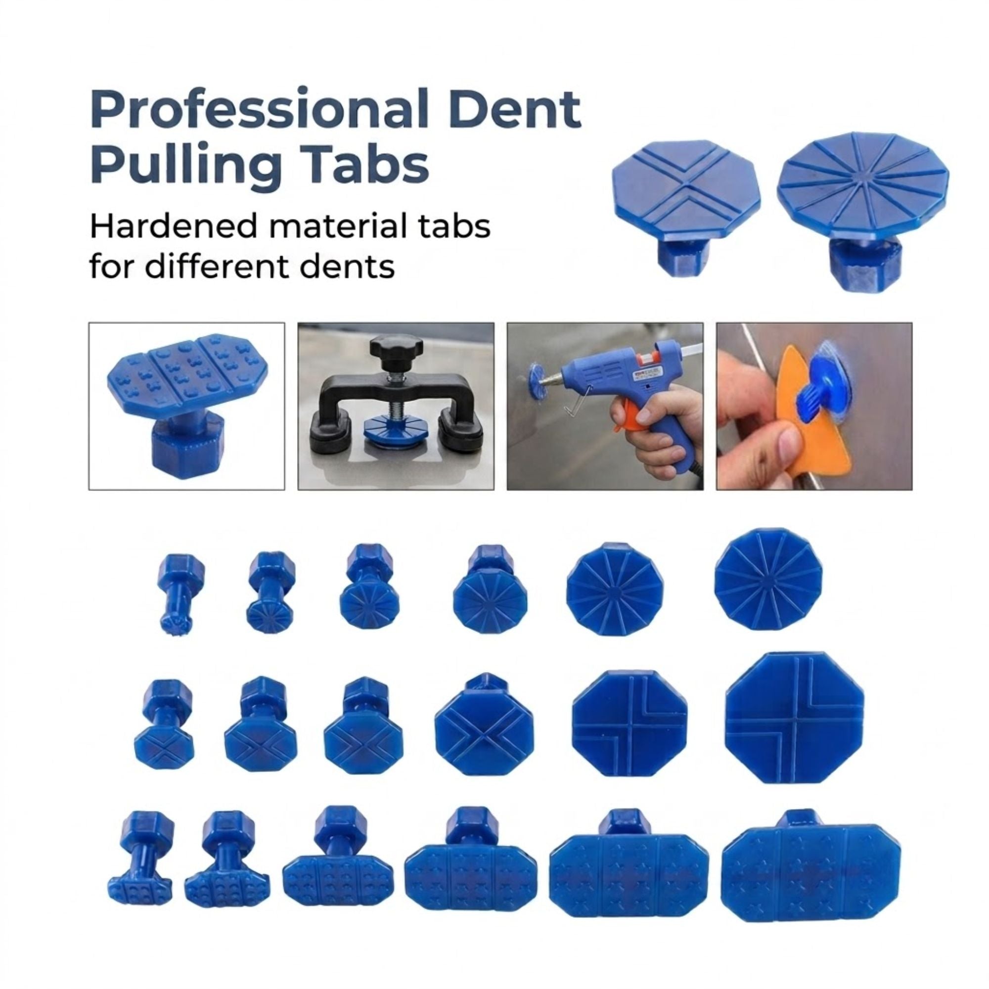 Blue octagonal dent pulling tabs shown in multiple sizes on a white background, with text reading 'Professional Dent Pulling Tabs' and small inset photos demonstrating use.