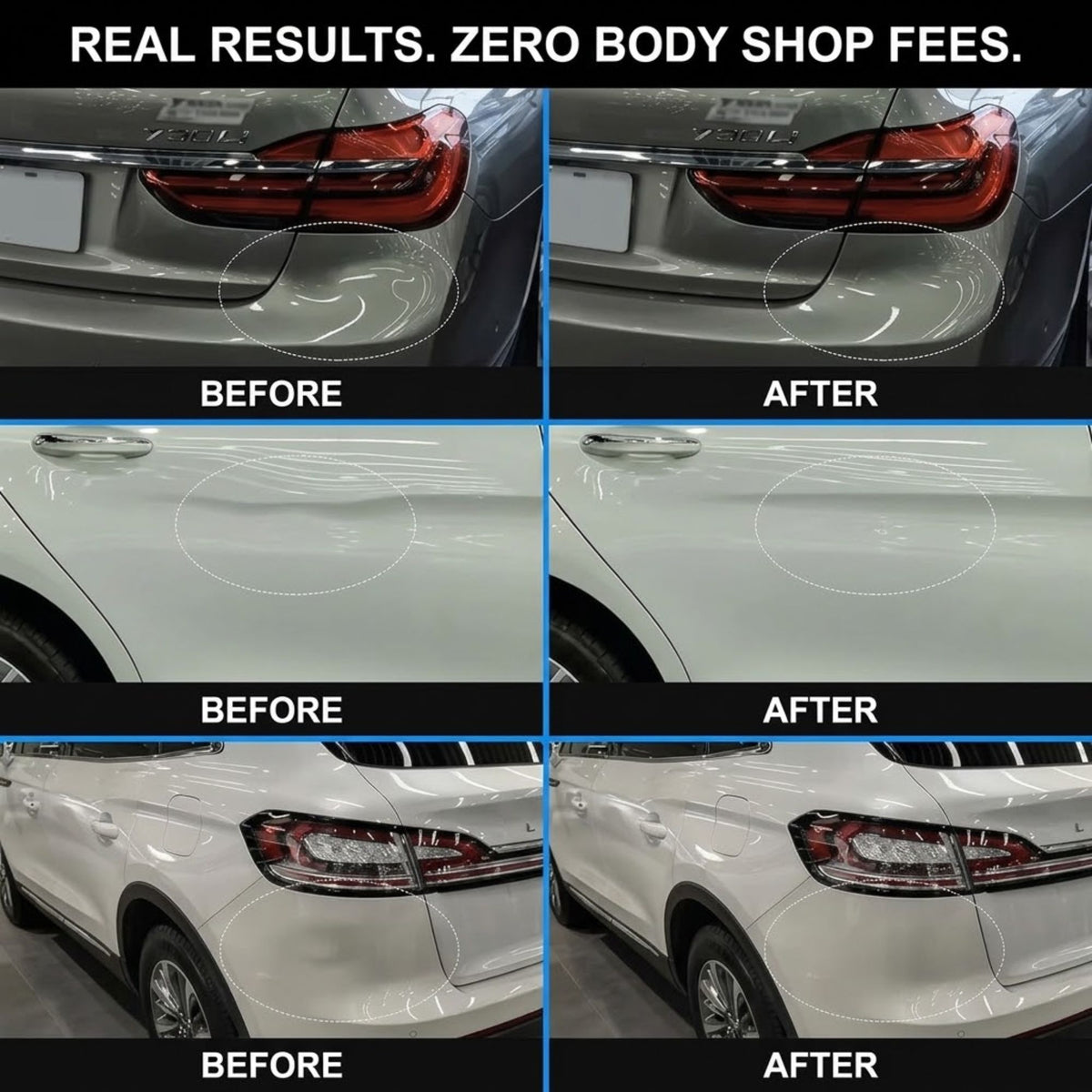 A 2x2 before-and-after collage showing car paint repair or polishing results on a silver and white vehicle. The top row shows a small dent on the rear quarter panel, with the bottom-right 'after' version showing the dent removed.