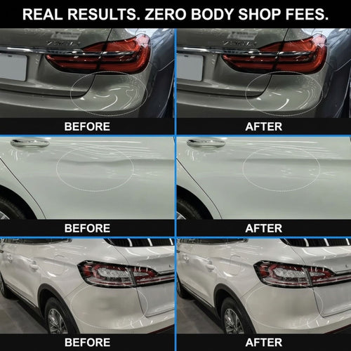 A 2x2 before-and-after collage showing car paint repair or polishing results on a silver and white vehicle. The top row shows a small dent on the rear quarter panel, with the bottom-right 'after' version showing the dent removed.