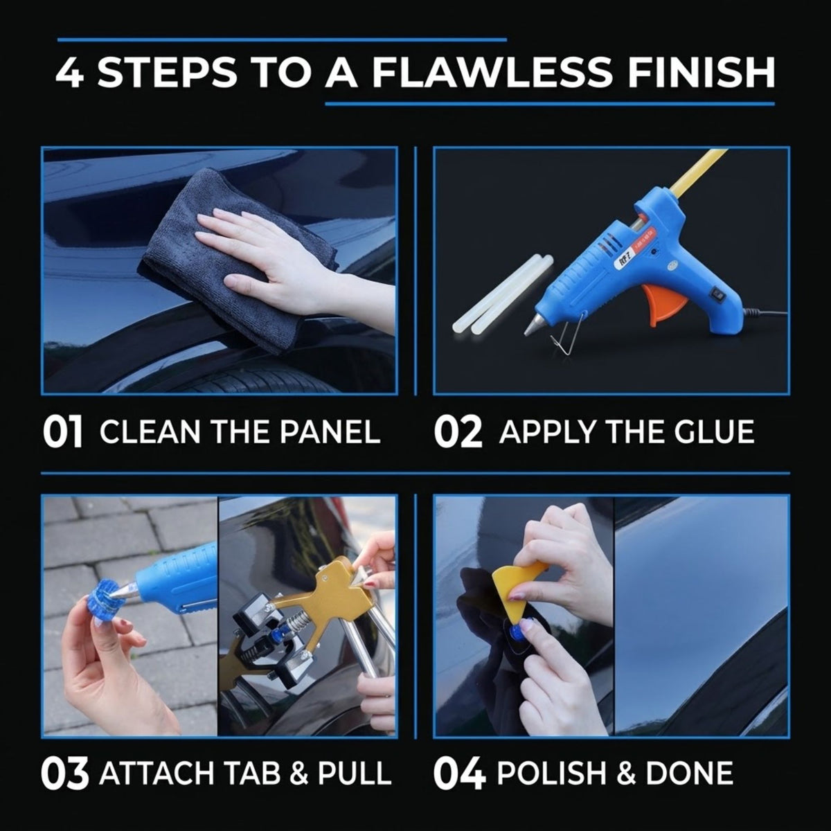 A 4-step instructional graphic for applying adhesive to a car panel. The top header reads '4 STEPS TO A FLAWLESS FINISH.