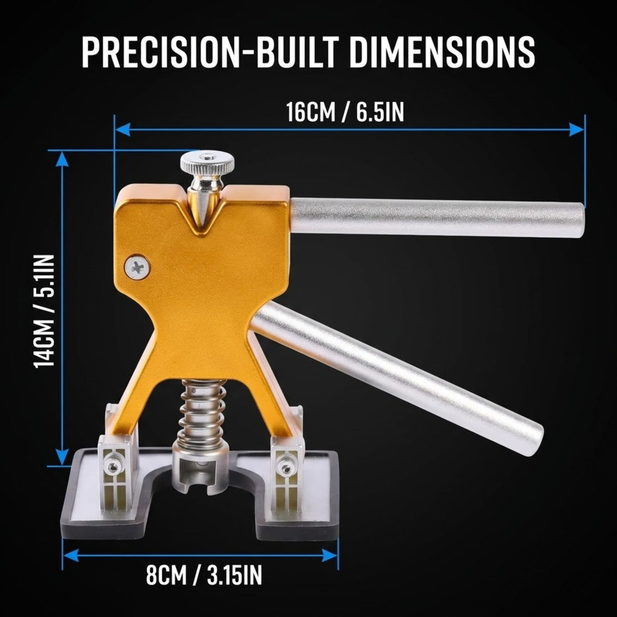 Precision-built dimension diagram of a gold and silver metal clamp tool on a black background, with labeled measurements of 16CM / 6.5IN, 14CM / 5.