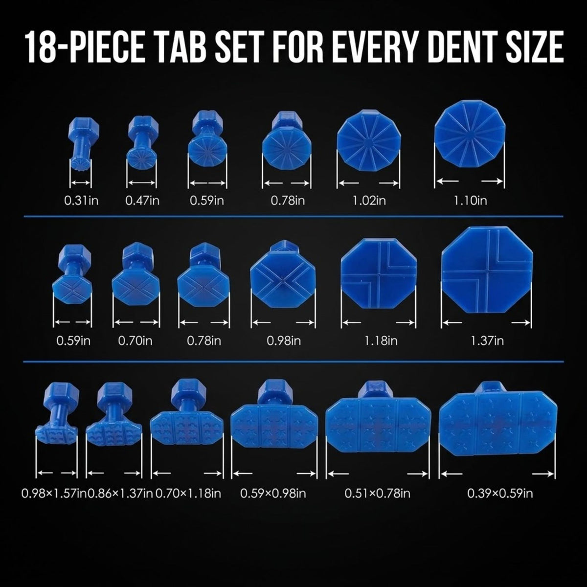 A 18-piece blue dent tab set displayed on a black background with labeled dimensions for different dent sizes and shapes. White text at the top reads '18-PIECE TAB SET FOR EVERY DENT SIZE'.