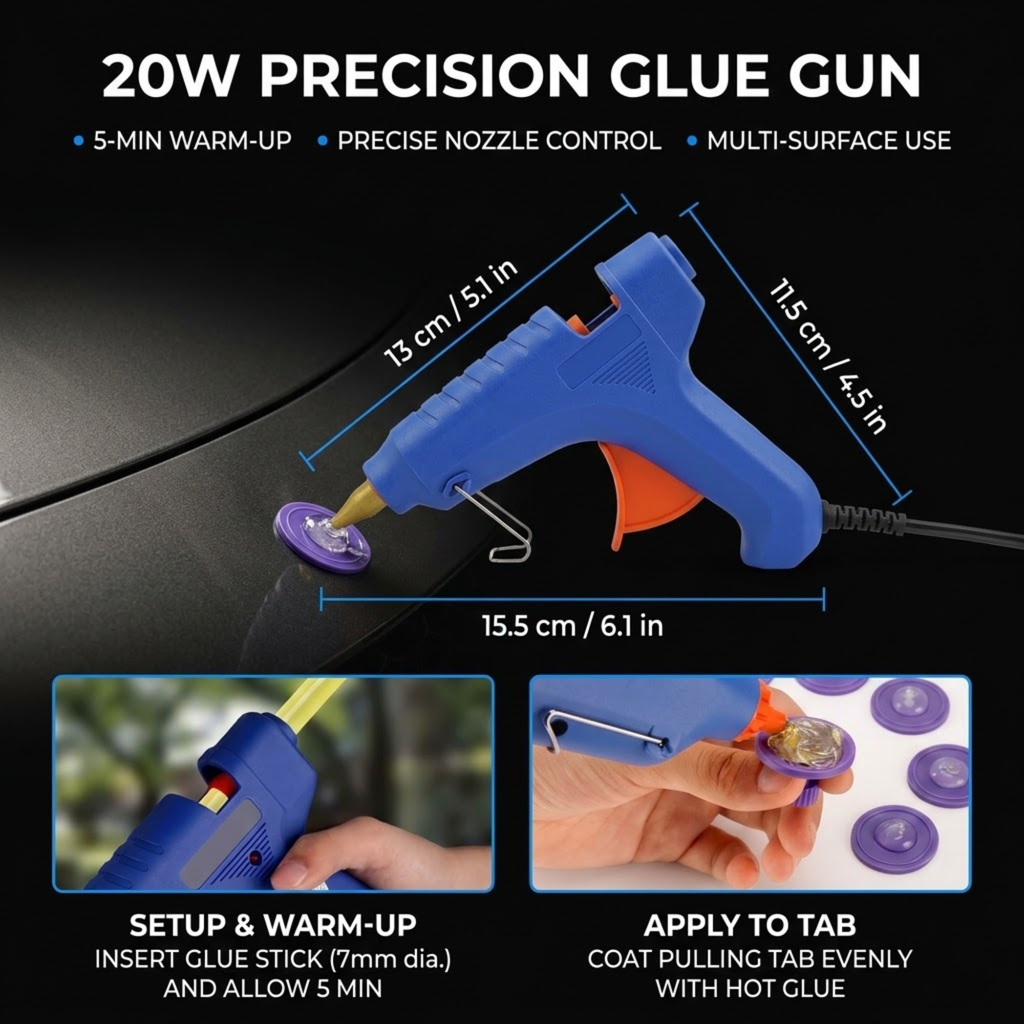 Blue and orange 20W precision hot glue gun shown on a black background with measurement annotations, plus two inset demonstration photos showing setup and applying the glue gun to a tab.