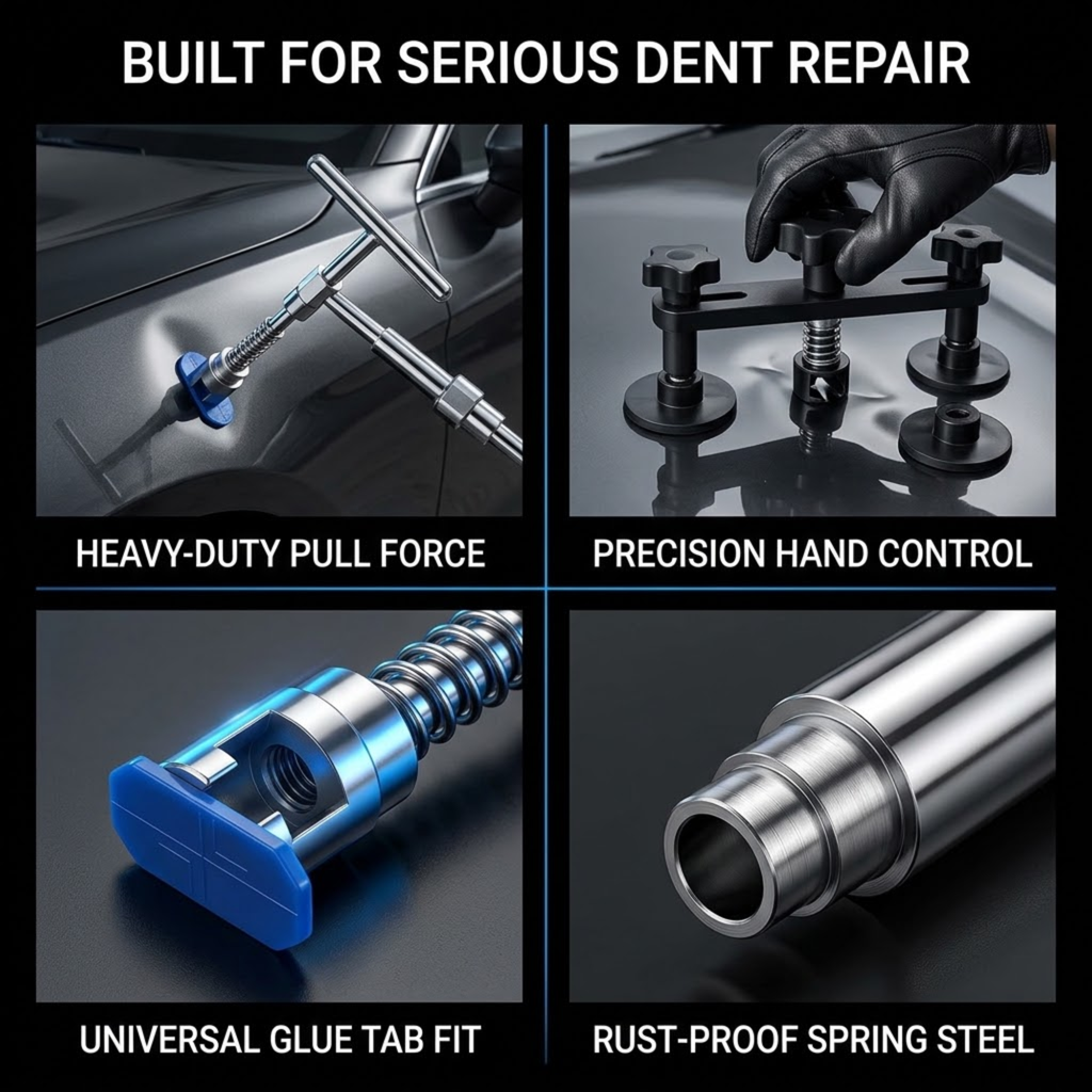 A four-panel promotional graphic for a dent repair tool set. The top text reads 'BUILT FOR SERIOUS DENT REPAIR.
