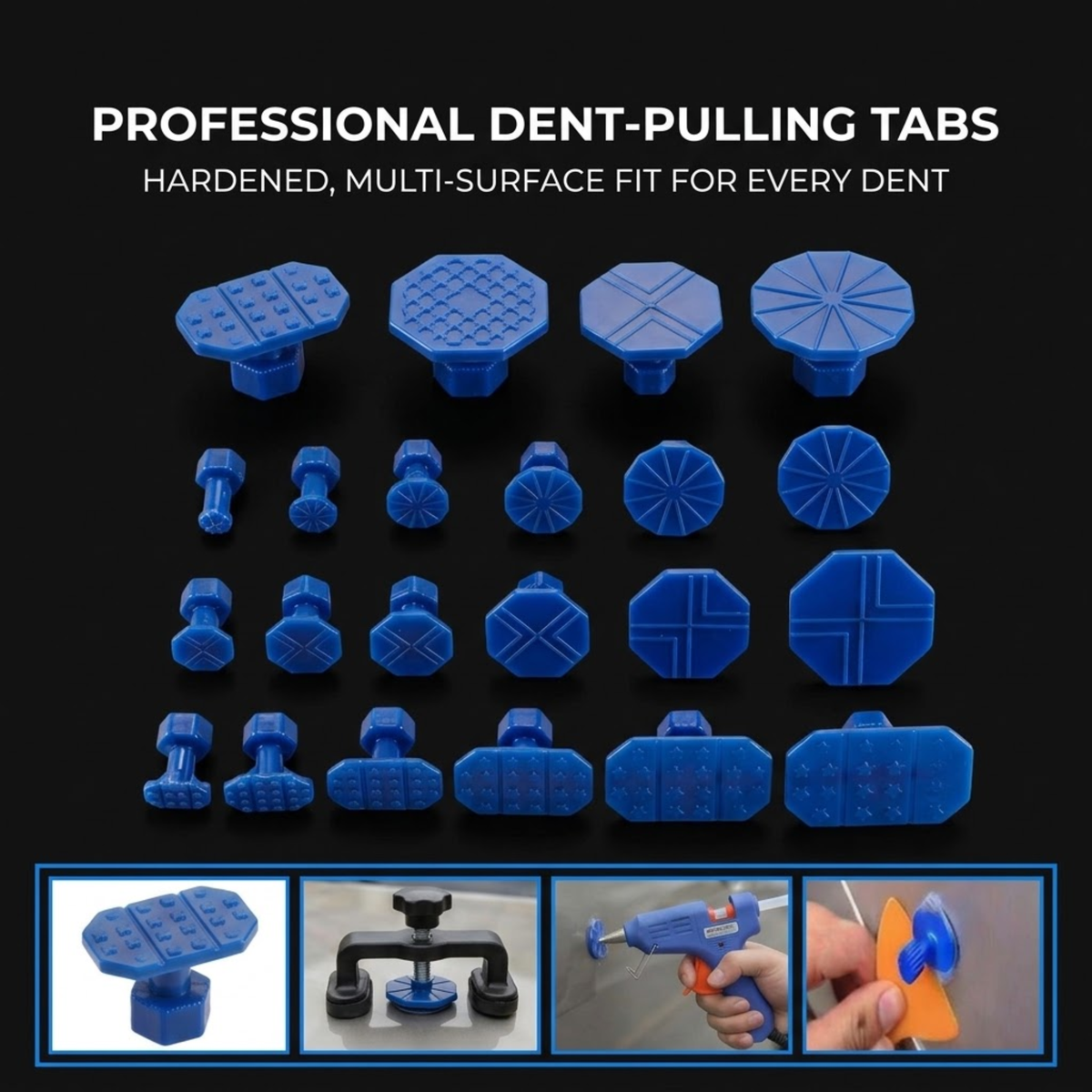 Set of blue plastic dent-pulling tabs shown in multiple sizes on a black background, with text reading 'PROFESSIONAL DENT-PULLING TABS' and three small inset demonstration photos at the bottom showing use with a suction cup and a heat gun.