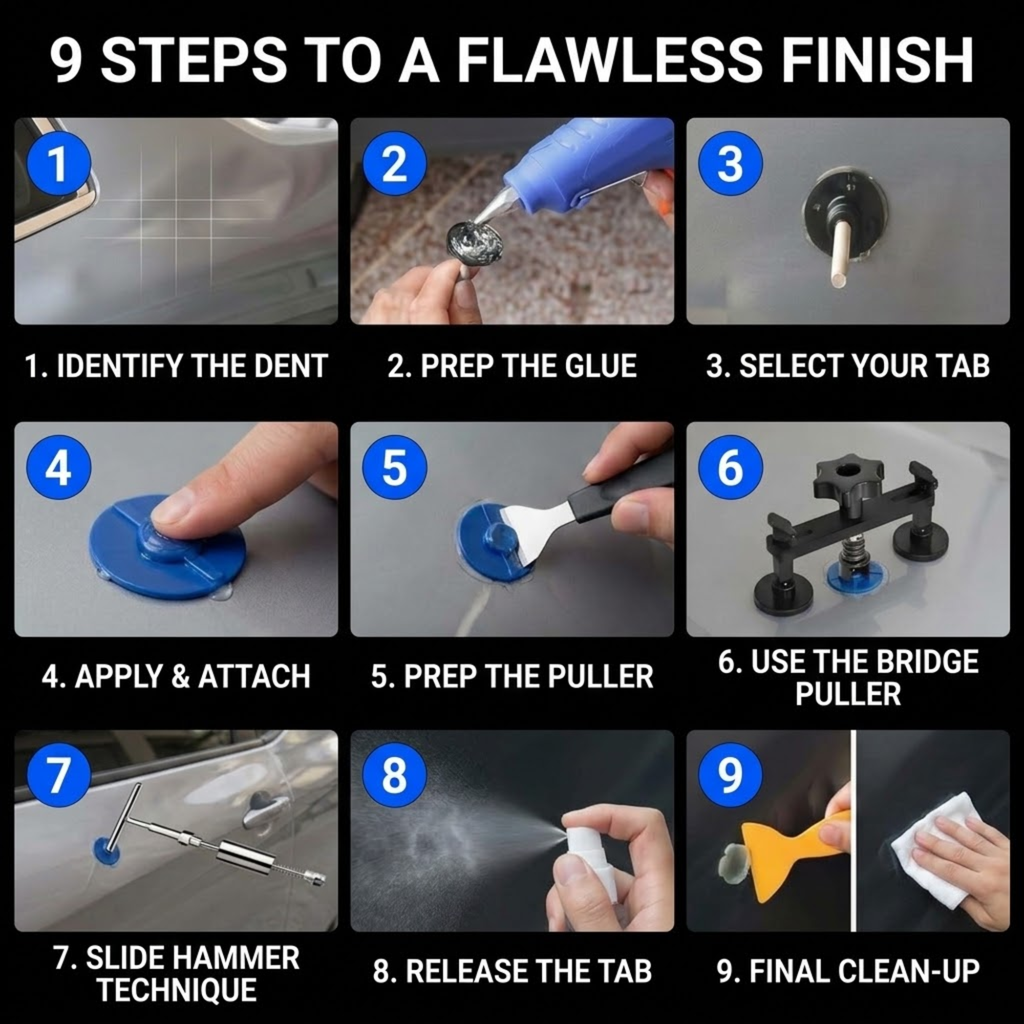 A 9-step instructional graphic titled '9 STEPS TO A FLAWLESS FINISH' showing numbered panels with hands using a dent repair kit on a car door, including glue, a heat gun, suction cups, a pull tab, a bridge puller, a hammer, and a clean-up wipe.