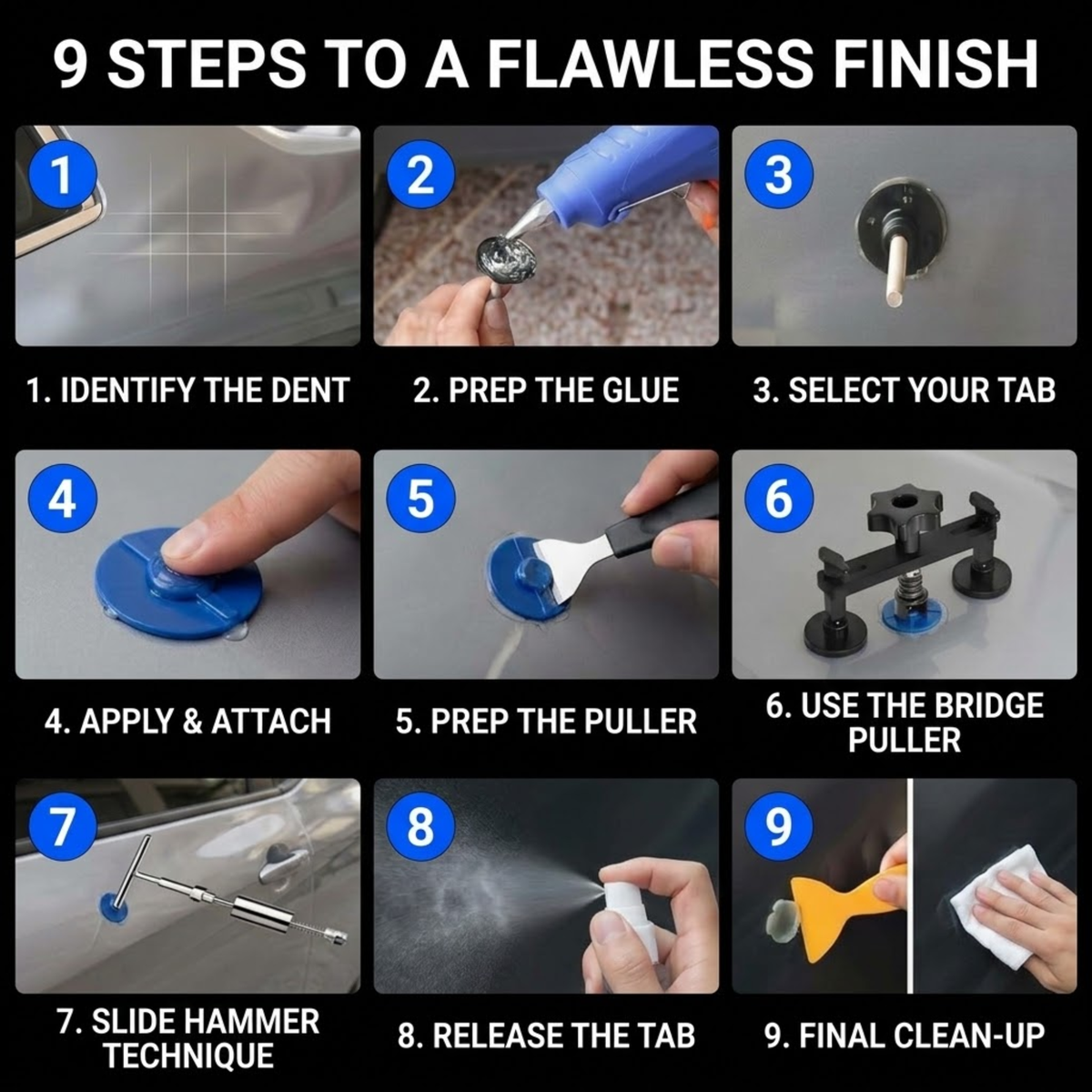 A 9-step instructional graphic titled '9 STEPS TO A FLAWLESS FINISH' showing numbered panels with hands using a dent repair kit on a car door, including glue, a heat gun, suction cups, a pull tab, a bridge puller, a hammer, and a clean-up wipe.