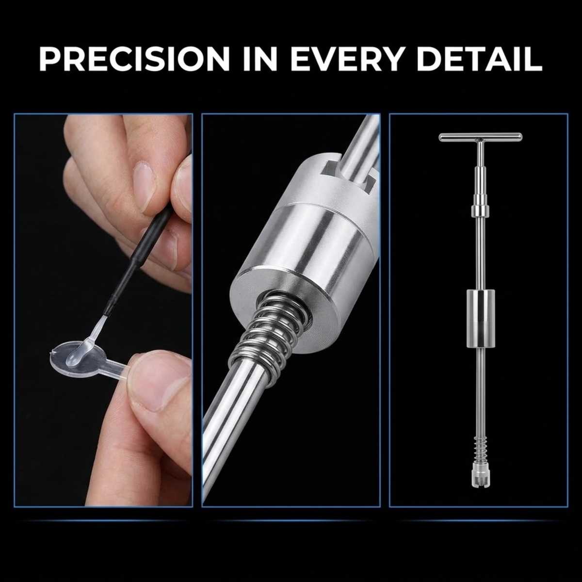 A precision metal ear piercing tool set shown on a black background with the text 'PRECISION IN EVERY DETAIL.' The collage includes a hand holding a clear ear tip and a thin black needle, a close-up of the silver metal shaft and spring, and a side view of the T-handle tool.