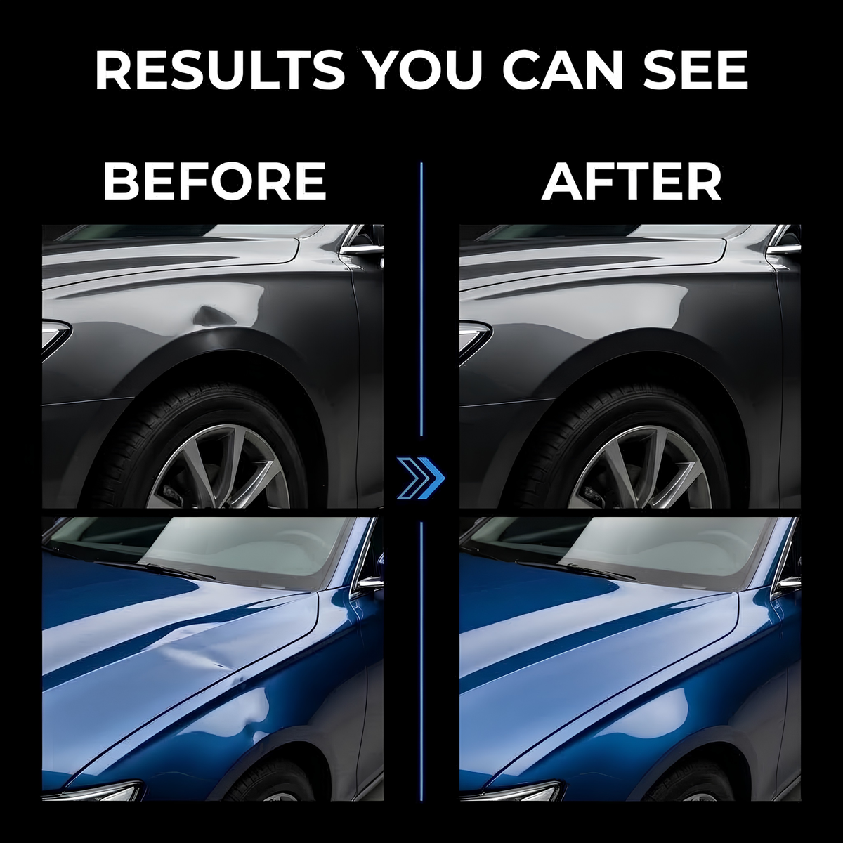 Before and after comparison showing glossy car paint finish, with two quadrants labeled BEFORE and AFTER on a black background. The top row shows a dark gray car panel and the bottom row shows a blue car panel, both appearing smoother and shinier after treatment.