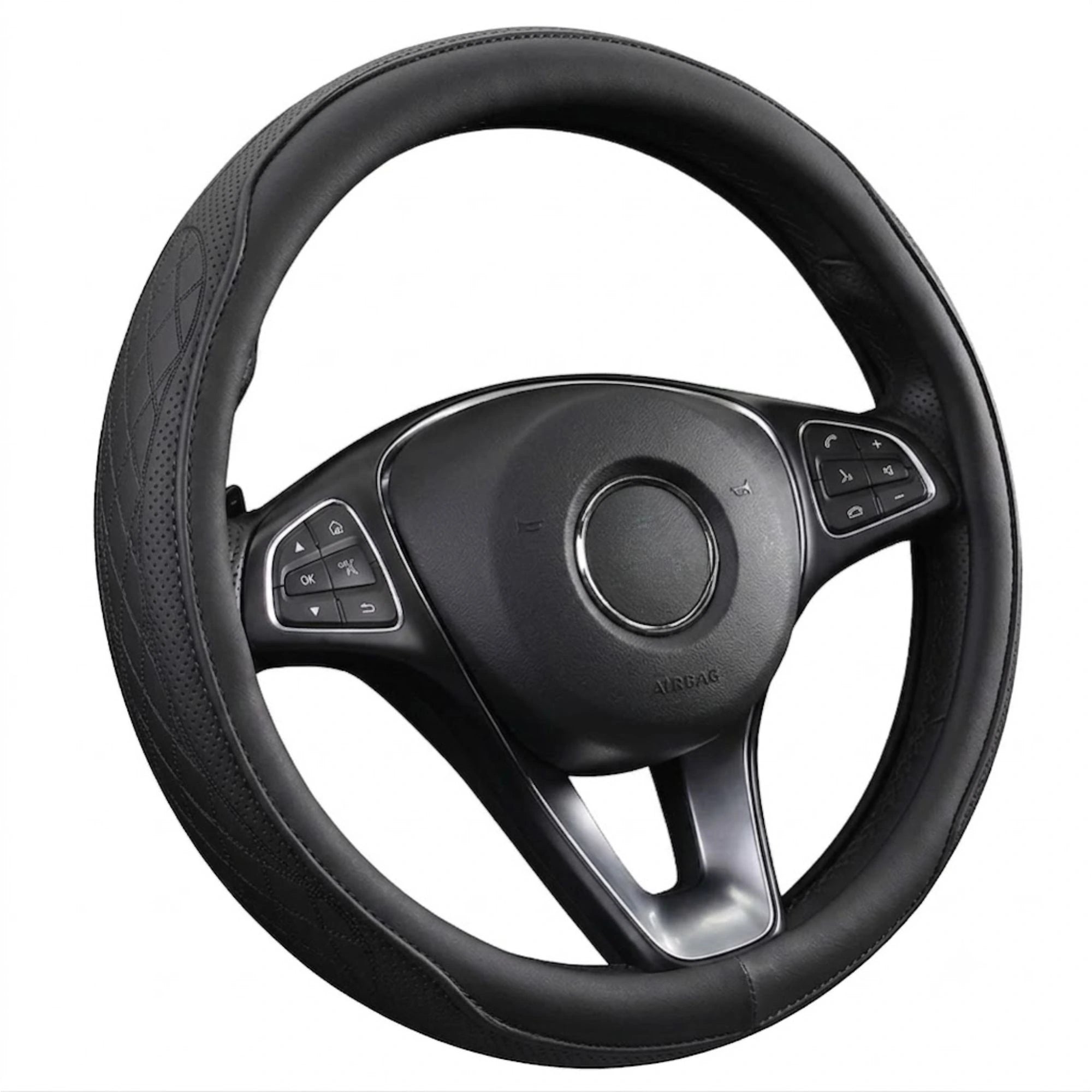 Perforated Napa Leather Steering Wheel Cover in black, non-slip breathable grip cover on a white background