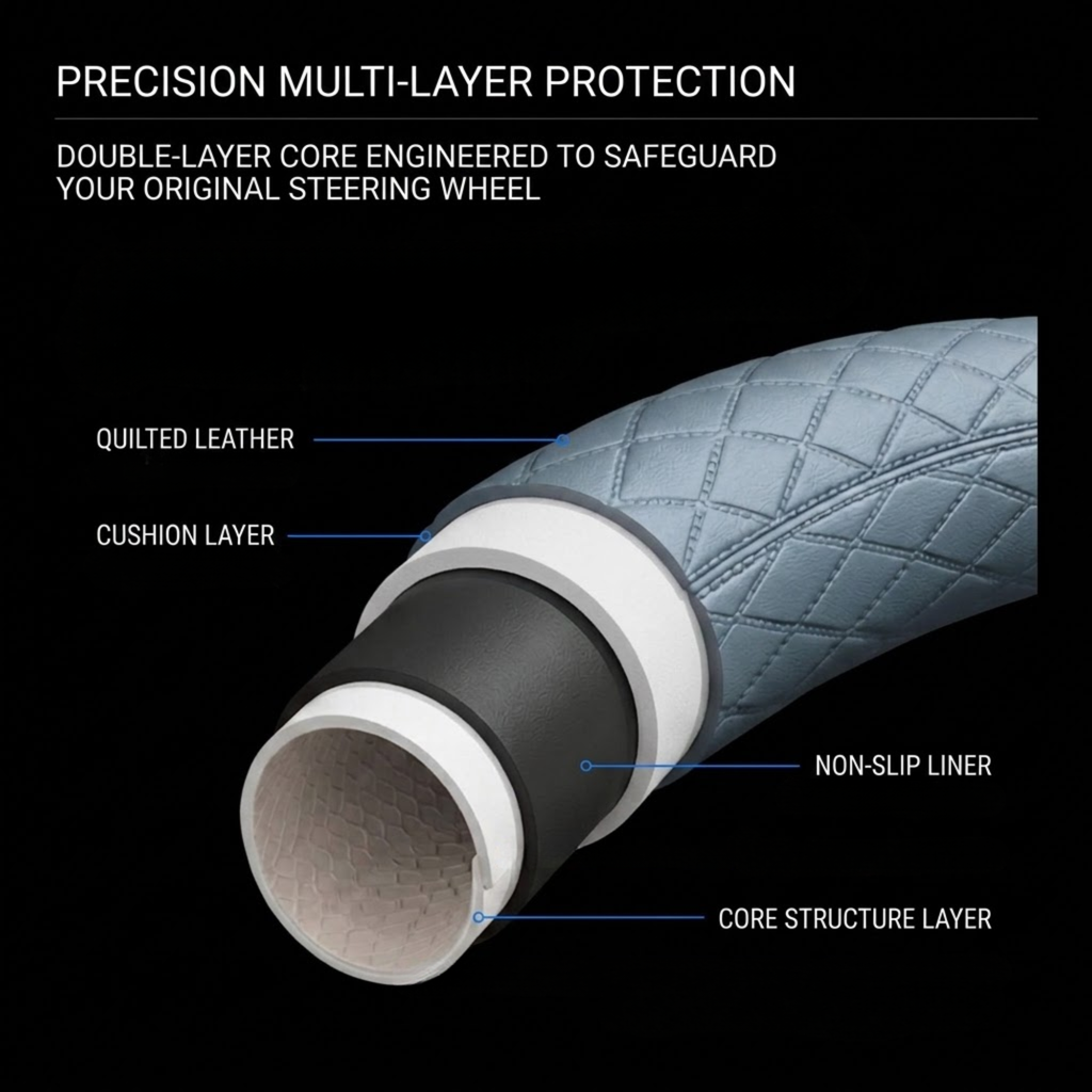 A cross-sectional diagram of a steering wheel protective cover on a black background, labeled with callouts for quilted leather, cushion layer, non-slip liner, and core structure layer. Text at the top reads 'PRECISION MULTI-LAYER PROTECTION' and 'DOUBLE-LAYER CORE ENGINEED TO SAFEGUARD YOUR ORIGINAL STEERING WHEEL.