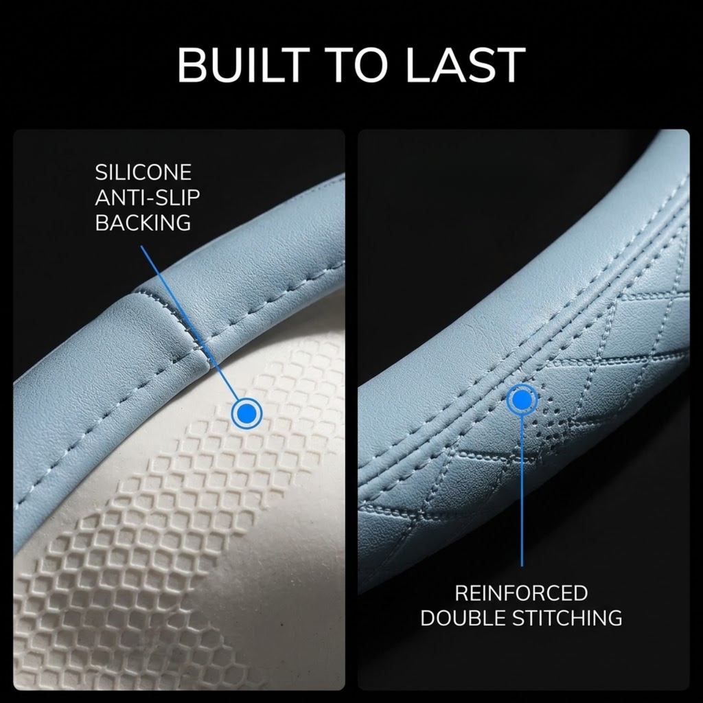 Close-up product feature graphic showing a light blue car seat cover with white cushion insert. Text reads 'BUILT TO LAST' and highlights 'SILICONE ANTI-SLIP BACKING' and 'REINFORCED DOUBLE STITCHING' with callout arrows.