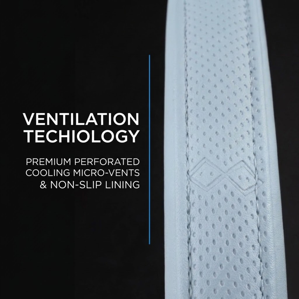 Close-up of a light gray perforated athletic strap or band with stitched edges, shown next to marketing text that reads 'VENTILATION TECHNOLOGY' and 'PREMIUM PERFORATED COOLING MICRO-VENTS & NON-SLIP LINING' on a black background.