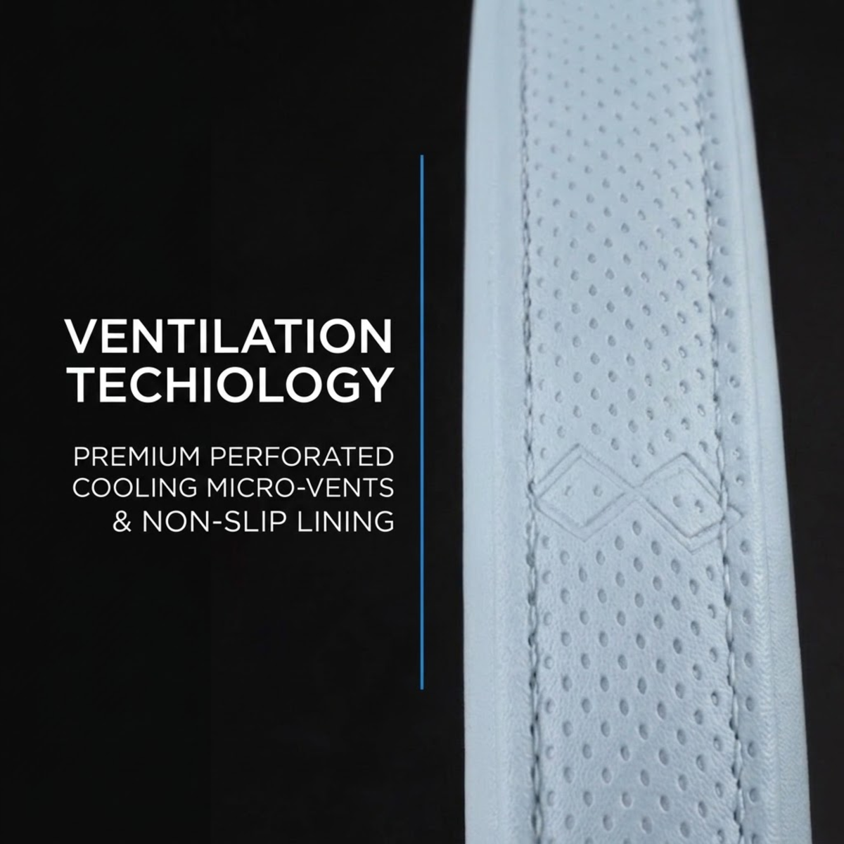 Close-up of a light gray perforated athletic strap or band with stitched edges, shown next to marketing text that reads 'VENTILATION TECHNOLOGY' and 'PREMIUM PERFORATED COOLING MICRO-VENTS & NON-SLIP LINING' on a black background.