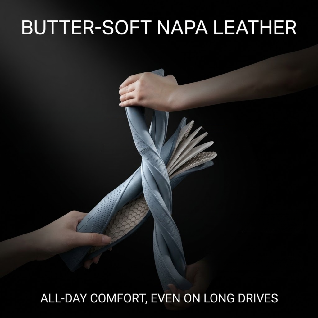 A pair of light blue nappa leather shoes being twisted and pulled apart by two hands against a black background, with text reading 'BUTTER-SOFT NAPA LEATHER' and 'ALL-DAY COMFORT, EVEN ON LONG DRIVES'.