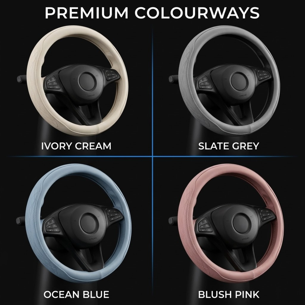 Four steering wheel covers shown in a 2x2 grid under the heading 'PREMIUM COLOURWAYS': ivory cream, slate grey, ocean blue, and blush pink, each labeled with its color name on a black background.