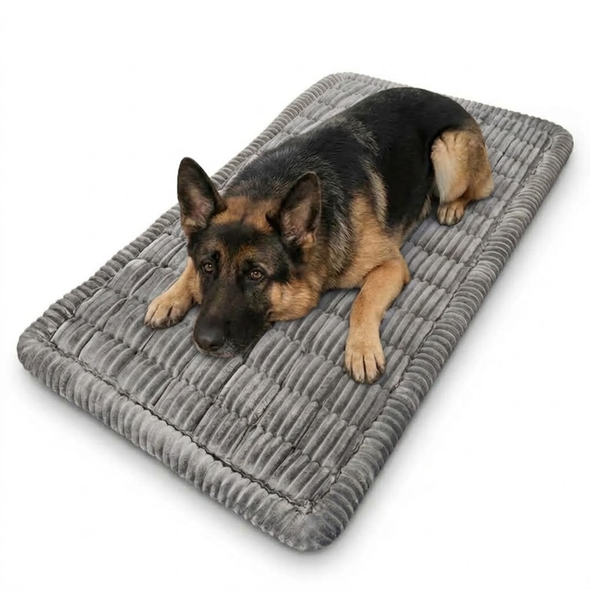 Plush Pet Car Cushion in grey ribbed corduroy with a German Shepherd lying on it against a white background