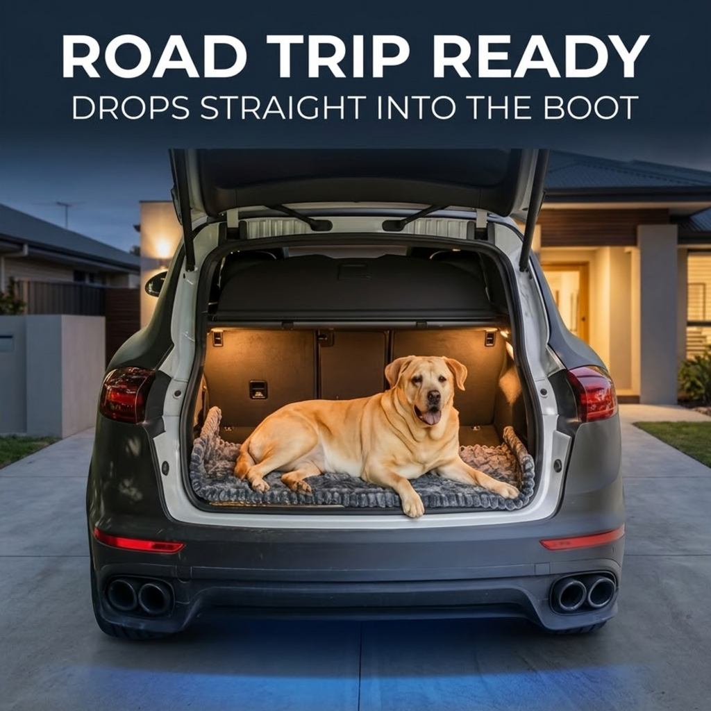 Labrador lying on a grey Plush Pet Car Cushion in the open boot of an SUV parked in a driveway at dusk