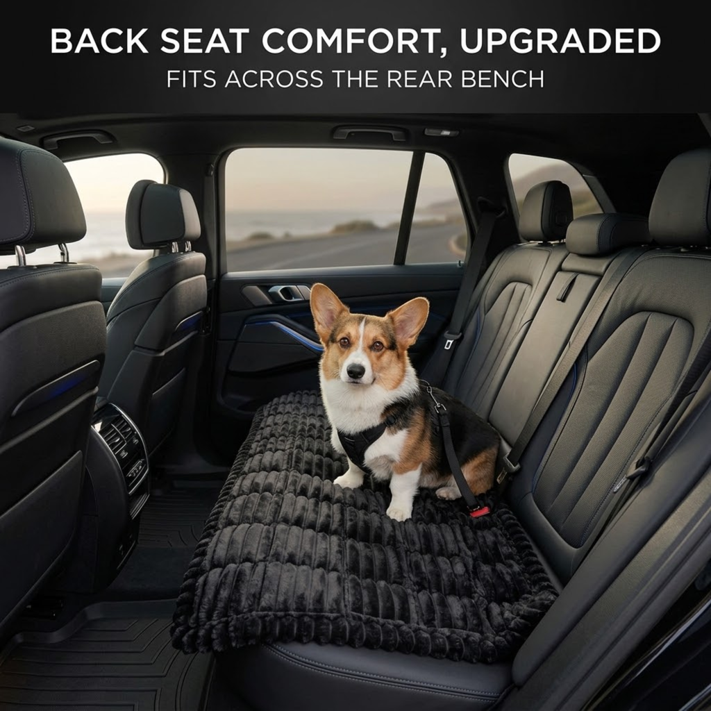 Corgi in a harness sitting on a black Plush Pet Car Cushion laid across the rear seat of a car