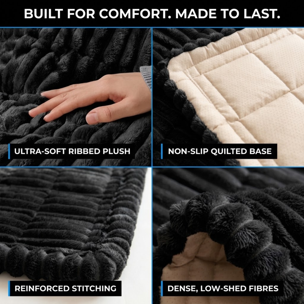 Close-ups of the Plush Pet Car Cushion showing the ribbed plush surface, non-slip quilted base, reinforced stitching and dense fibres