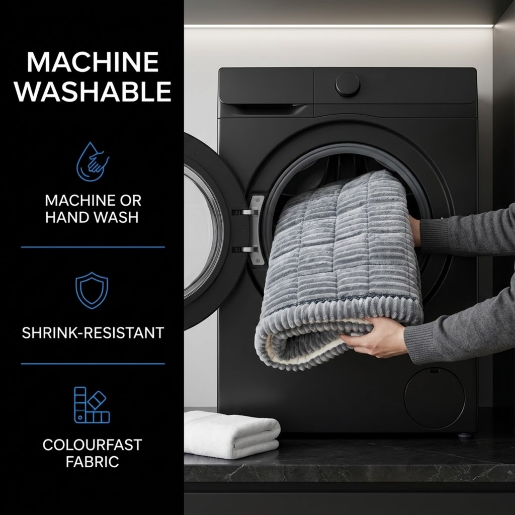 Rolled grey Plush Pet Car Cushion being placed into a front-loading washing machine, labelled machine washable