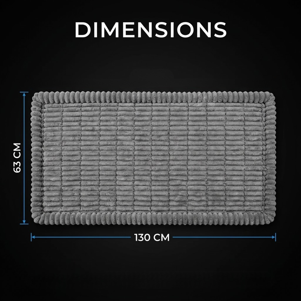 Plush Pet Car Cushion dimensions diagram showing 130 cm length and 63 cm width on a grey ribbed mat