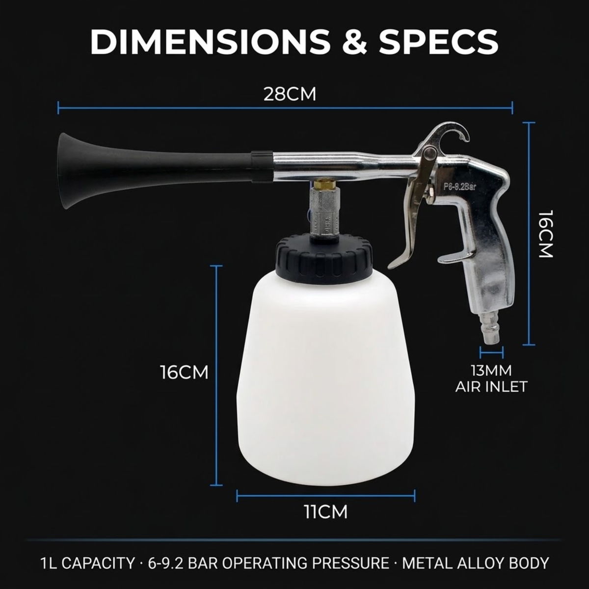 Pneumatic Detail Cleaning Gun with 28 cm length, 16 cm height, 11 cm bottle width and 13 mm air inlet dimensions marked