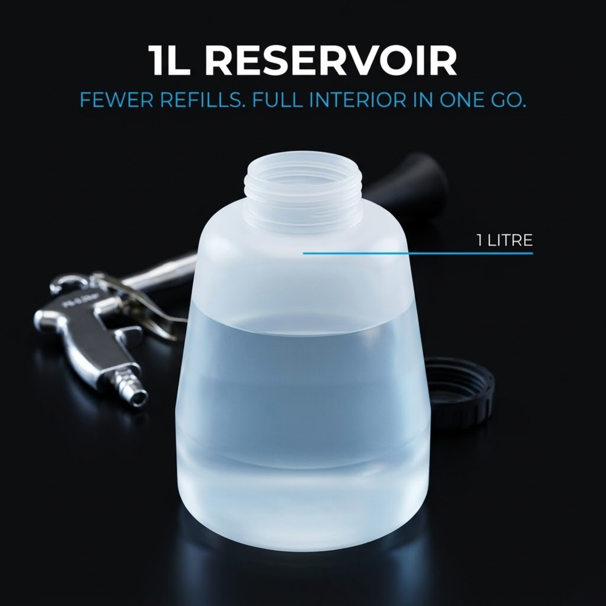 Pneumatic Detail Cleaning Gun 1 litre translucent fluid reservoir beside the aluminium alloy spray gun