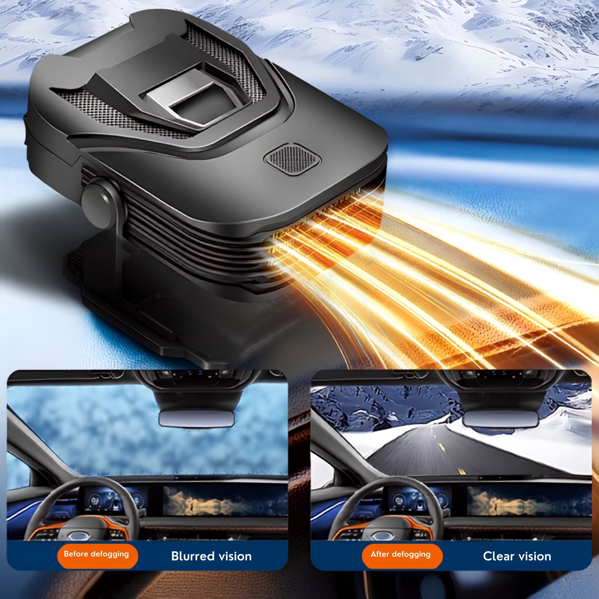 Before and after comparison showing Portable 12V Heater Defroster clearing a fogged windscreen to a clear view while driving on a snowy mountain road