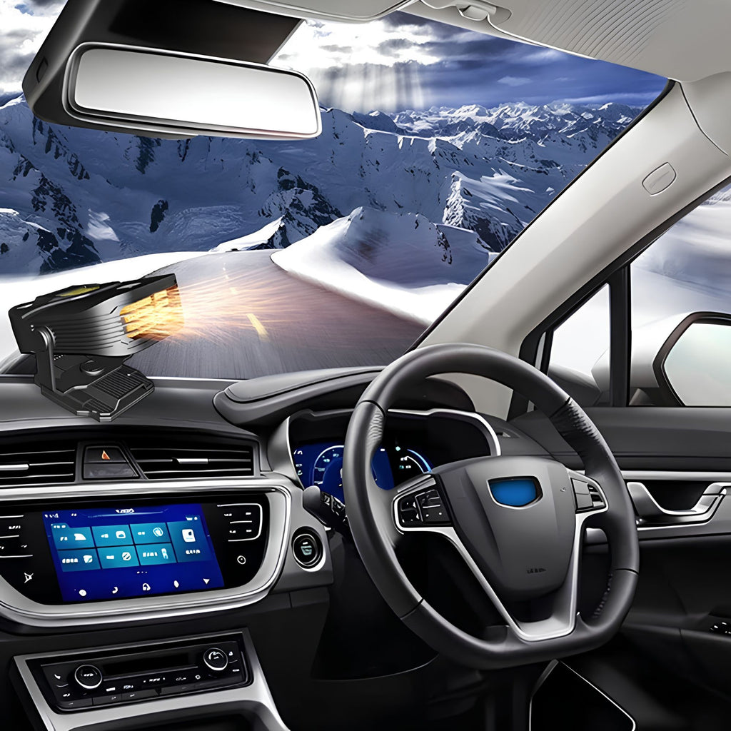 Portable 12V Heater Defroster mounted on car windscreen with a snowy mountain landscape visible, demonstrating windscreen defrosting on alpine drives