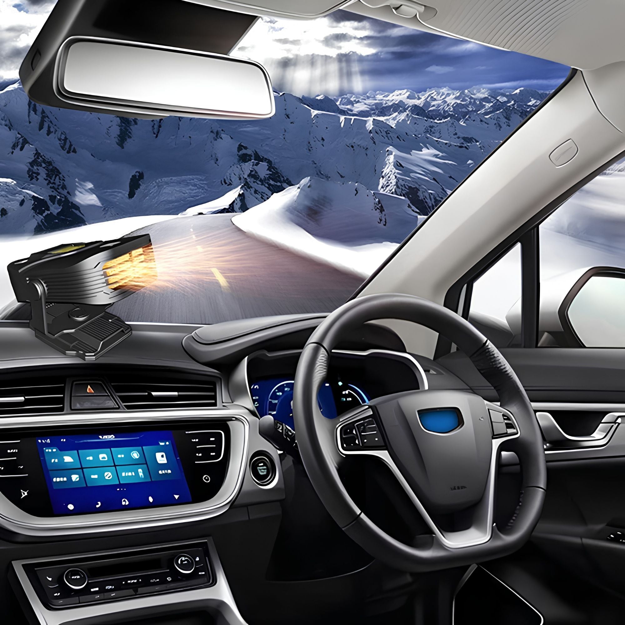 Portable 12V Heater Defroster mounted on car windscreen with a snowy mountain landscape visible, demonstrating windscreen defrosting on alpine drives