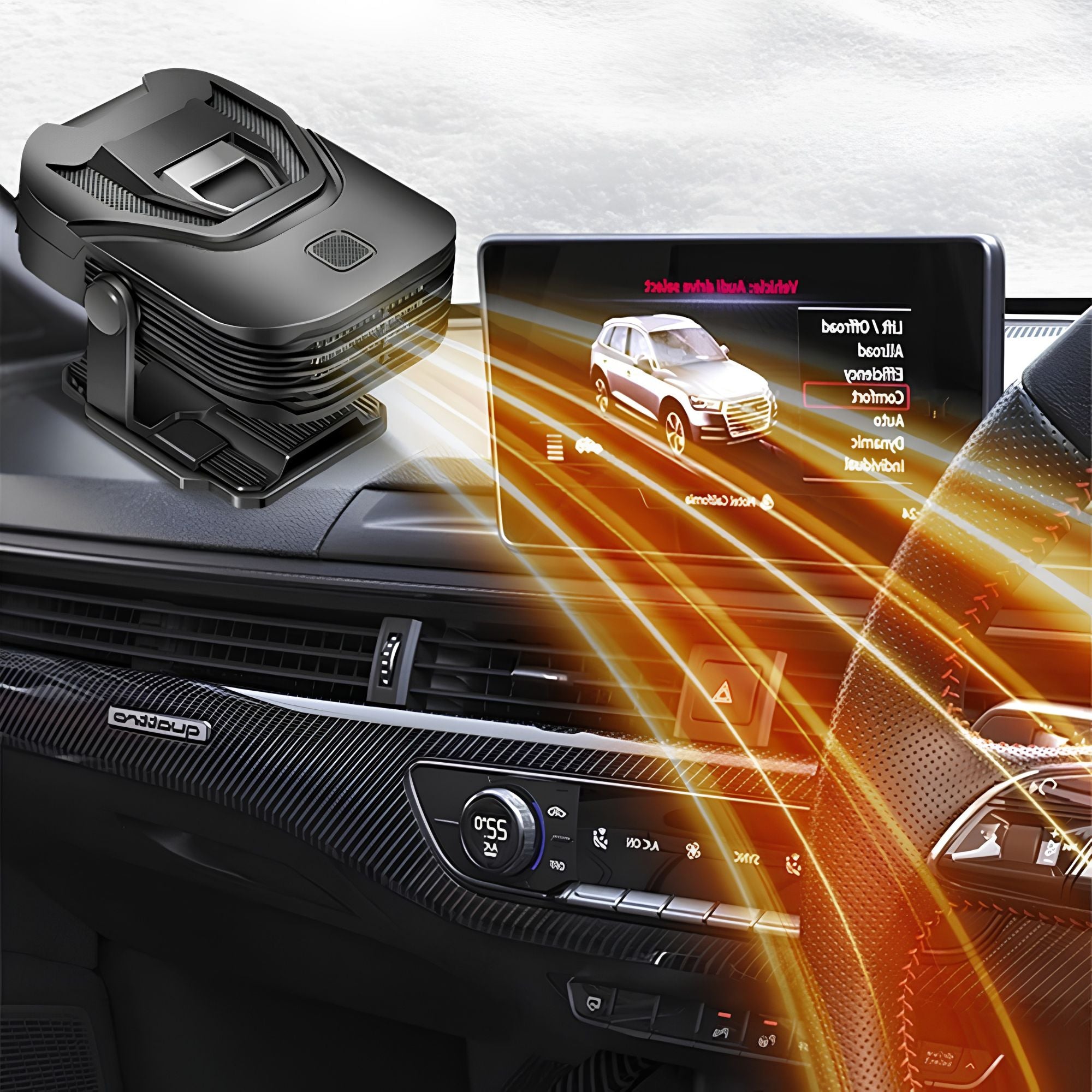 Portable 12V Heater Defroster mounted on car dashboard beside the infotainment display, directing warm airflow toward the windscreen