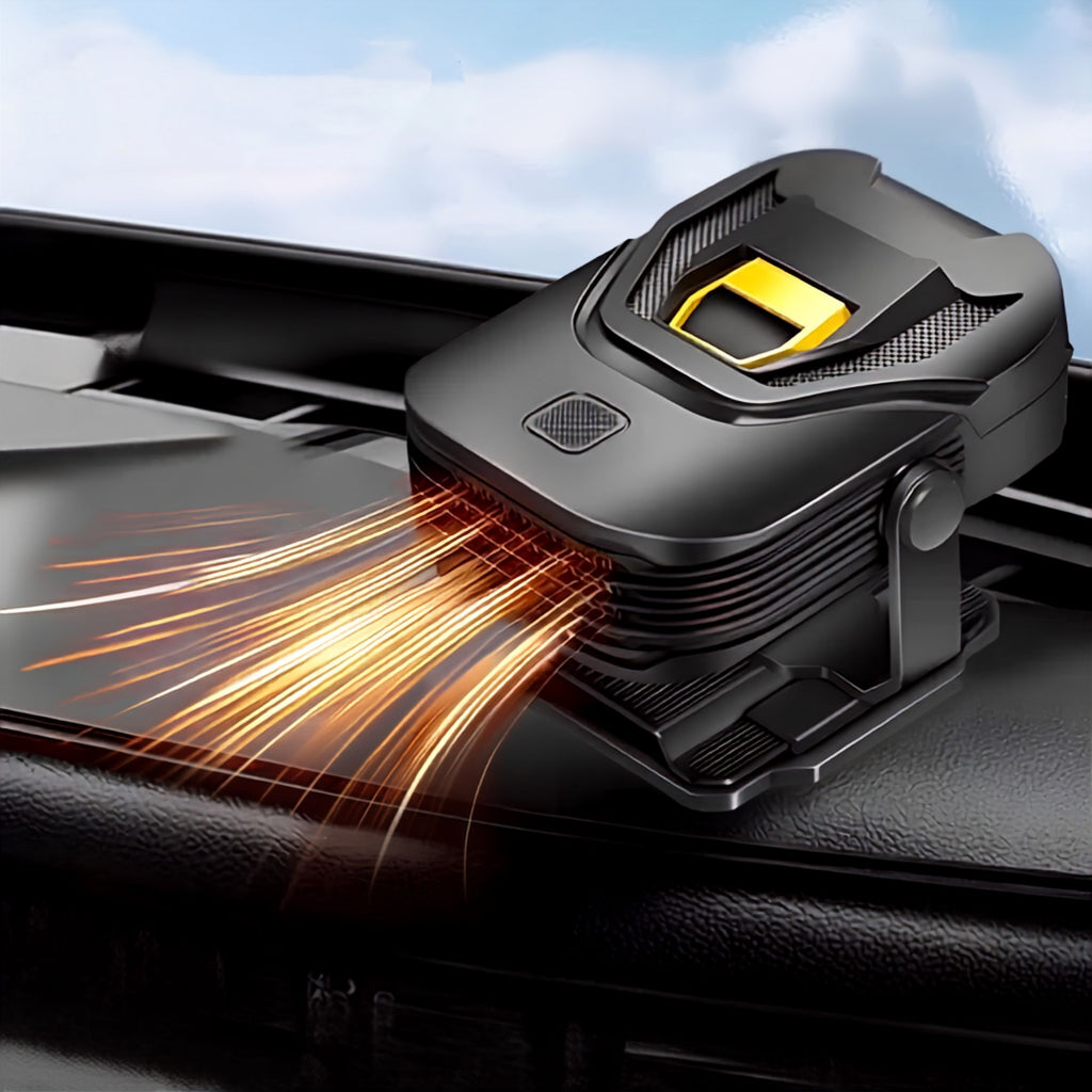 Portable 12V Heater Defroster mounted on car dashboard with warm airflow directed at the windscreen