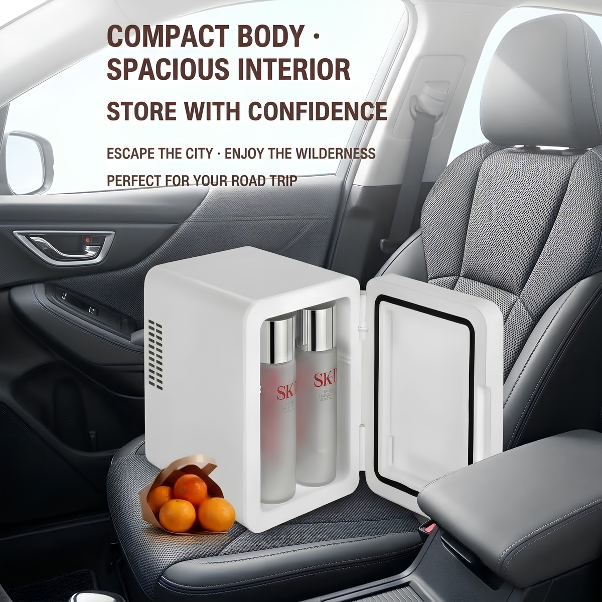 Portable 4L Mini Fridge on a car front passenger seat with the door open, storing two tall bottles