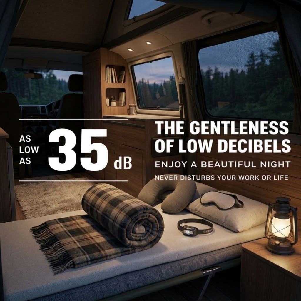 Portable 4L Mini Fridge low noise level of as low as 35 dB, shown in a campervan bed setup at night