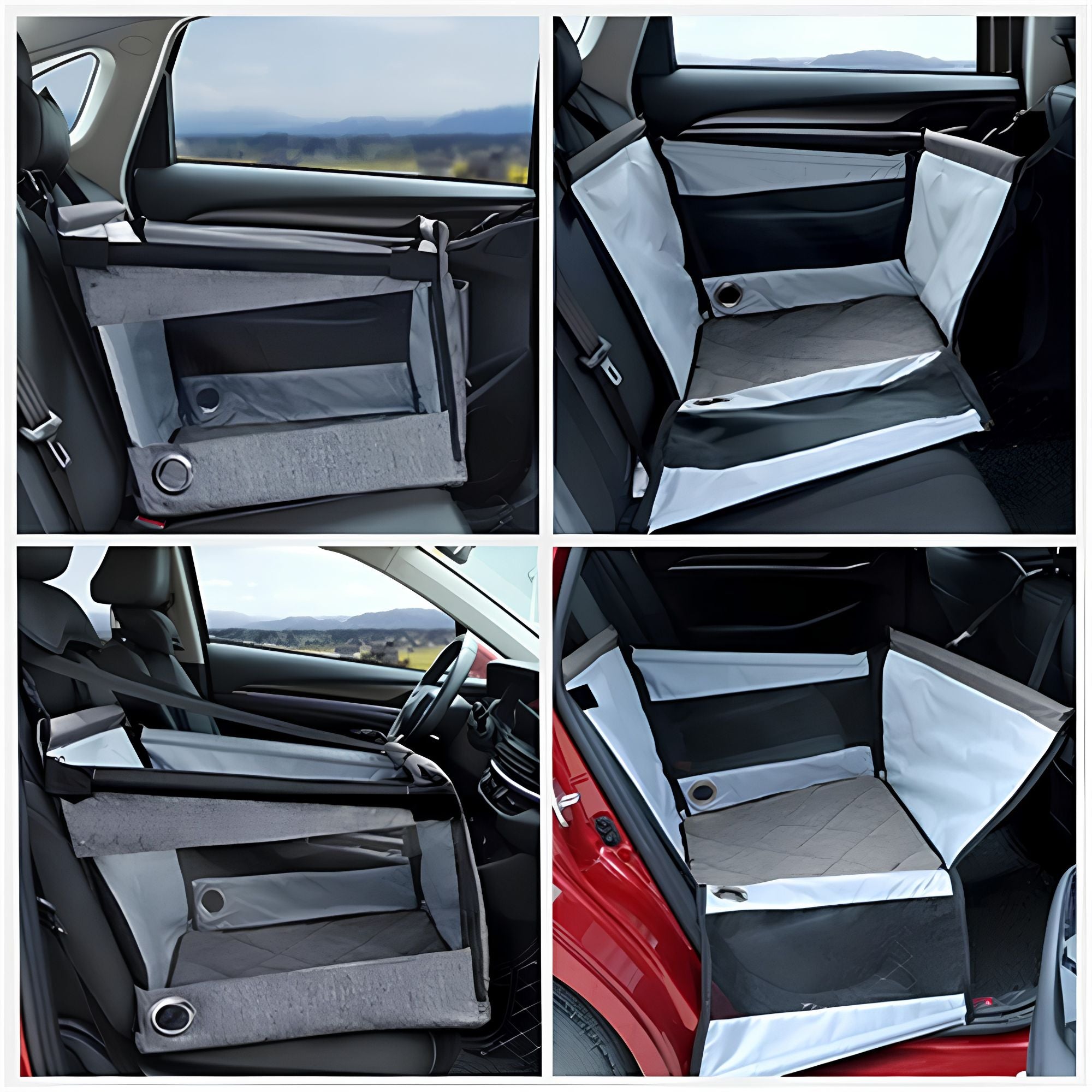 Four-panel collage of a portable pet car seat installed at different angles inside a car