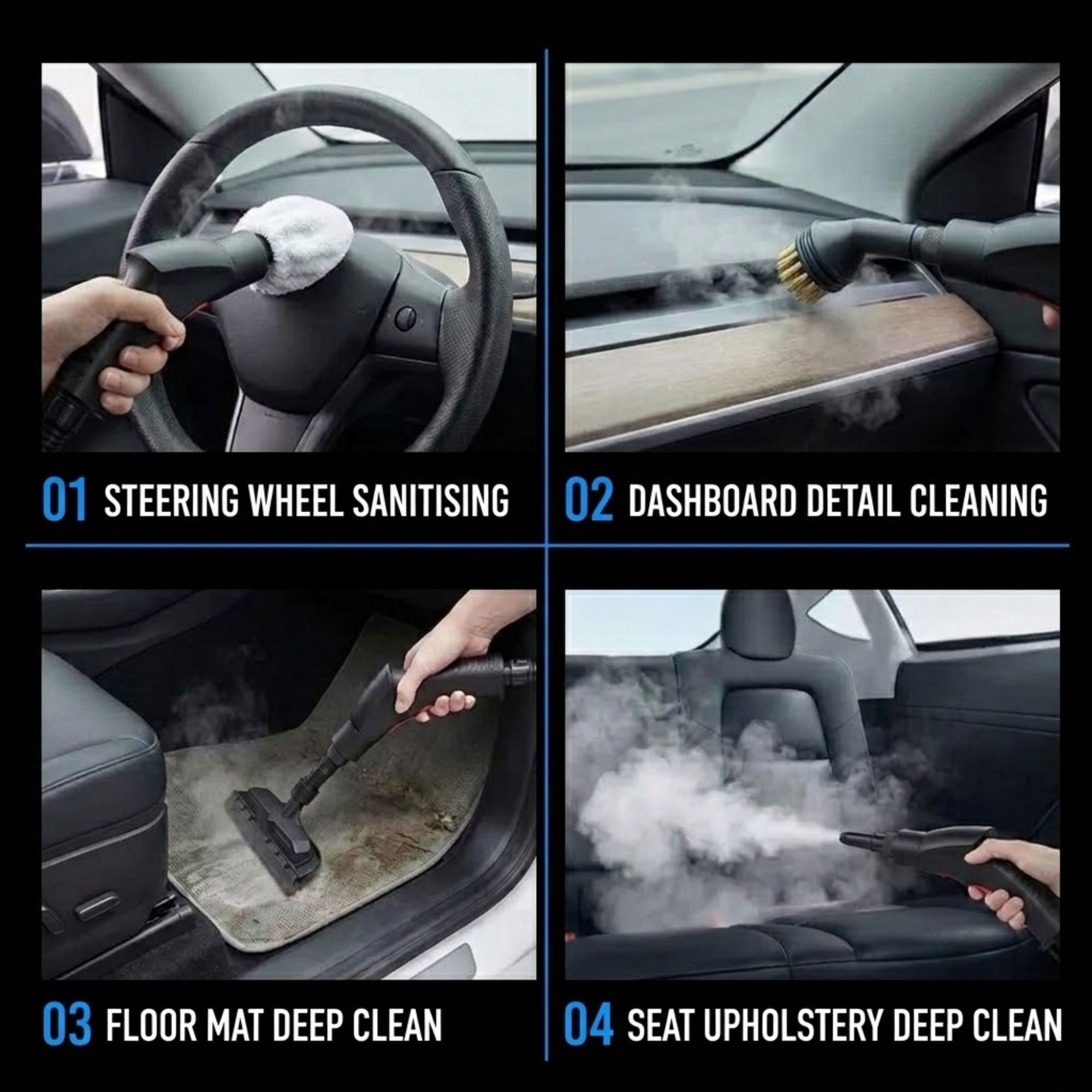 Four-panel demonstration collage showing a handheld steam cleaner used inside a car, including steering wheel sanitising, dashboard detail cleaning, floor mat deep cleaning, and seat upholstery deep cleaning.