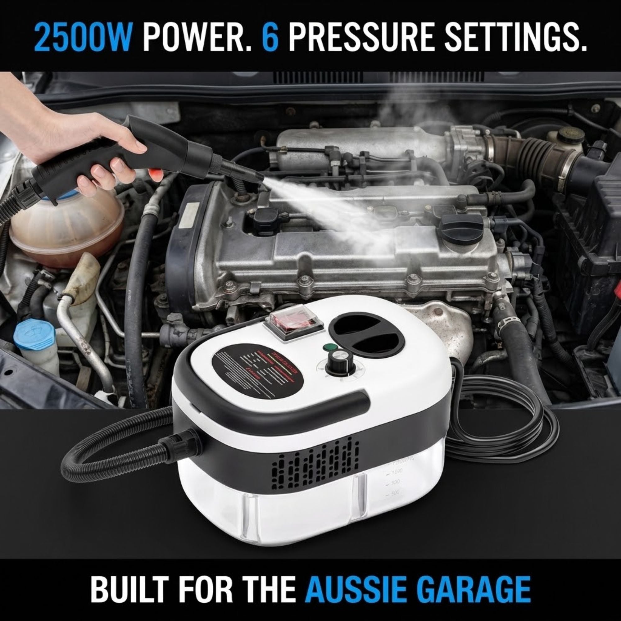 A white and black portable steam cleaner with a hose is shown in front of a car engine bay, with a hand holding the steam wand and steam visibly spraying from the nozzle. Large text at the top reads '2500W POWER.