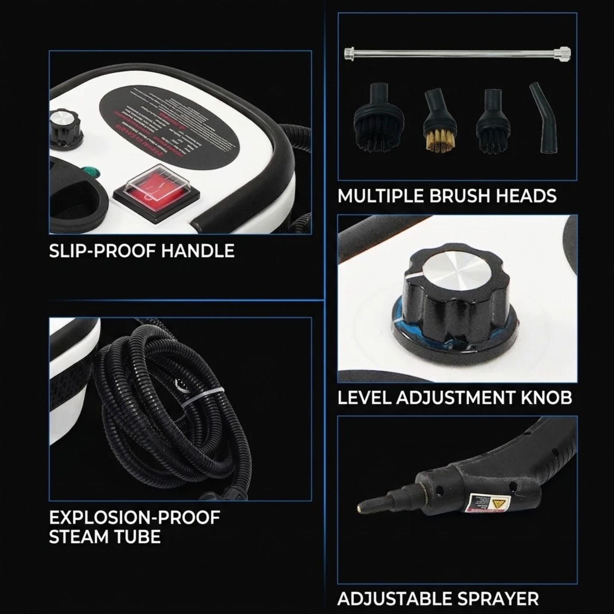 A 4-panel product feature collage for a steam cleaning device on a black background. Panels show the control handle with a red switch, multiple brush heads, a level adjustment knob, and a close-up of the adjustable spray nozzle, with text labels.