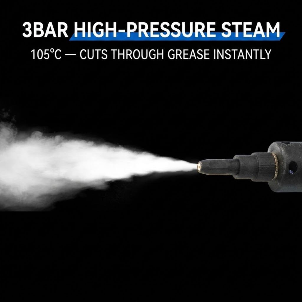 A close-up of a high-pressure steam cleaner nozzle emitting a strong jet of white steam against a black background, with promotional text reading '3BAR HIGH-PRESSURE STEAM' and '105°C — CUTS THROUGH GREASE INSTANTLY'.