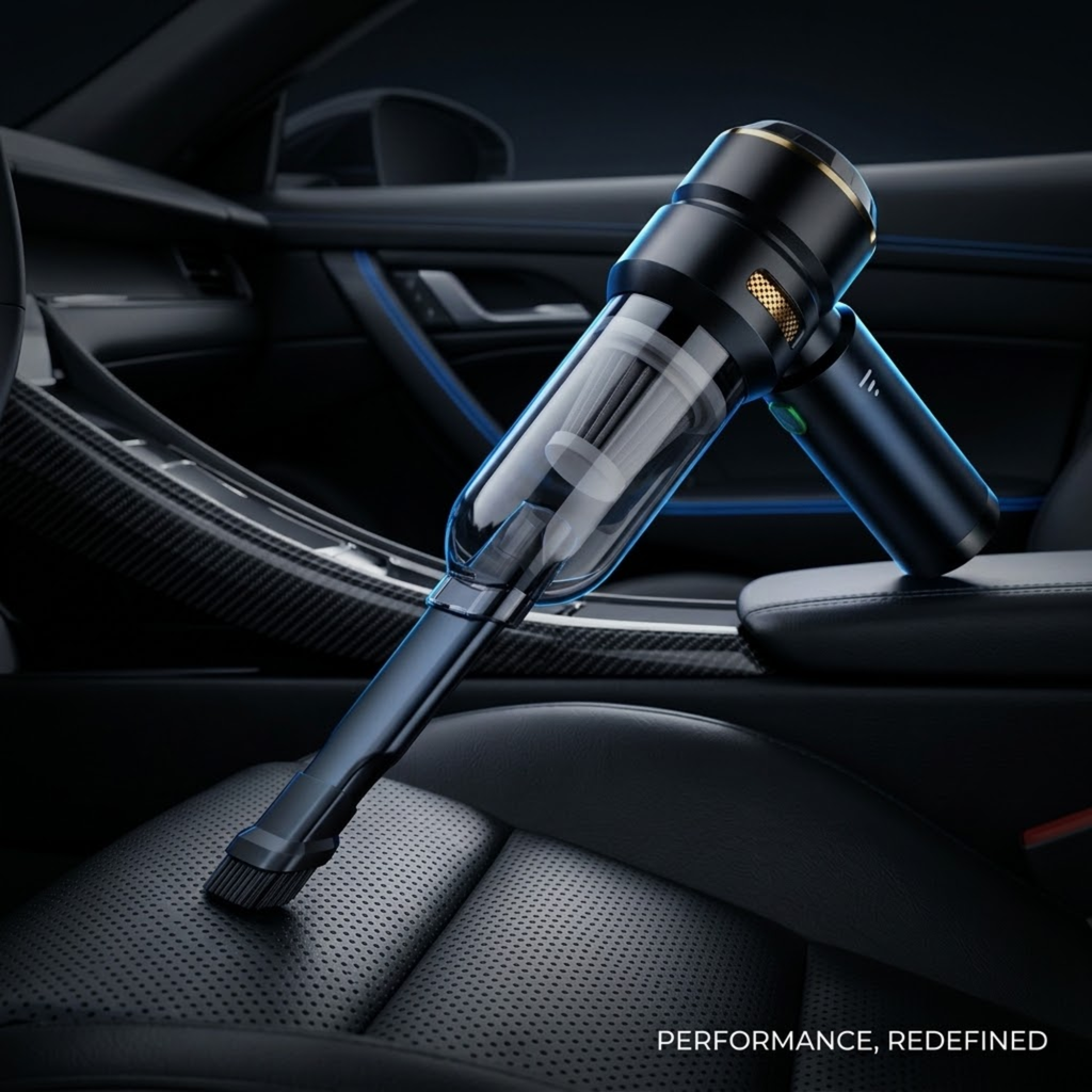 A handheld car vacuum cleaner with a transparent cylindrical body and black nozzle, shown cleaning a black car seat inside a car interior. The text 'PERFORMANCE, REDEFINED' appears in the bottom right corner.