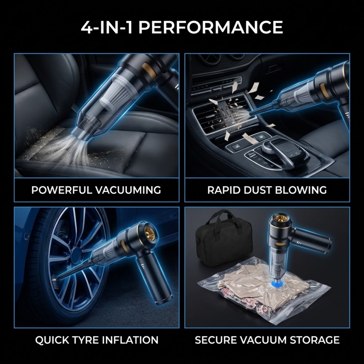 A 4-panel promotional graphic for a handheld vacuum cleaner showing it in use: cleaning a car seat, blowing dust from a console, inflating a tire, and sealing items in a vacuum bag. The top header reads '4-IN-1 PERFORMANCE' on a black background.