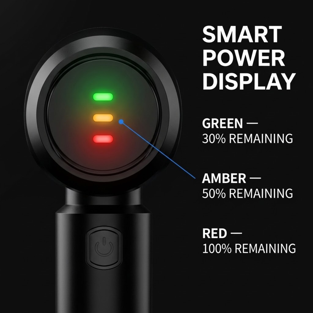 A close-up of a black smart device with illuminated LED indicators showing battery levels, alongside text reading 'SMART POWER DISPLAY' and color-coded explanations for green, amber, and red lights on a black background.