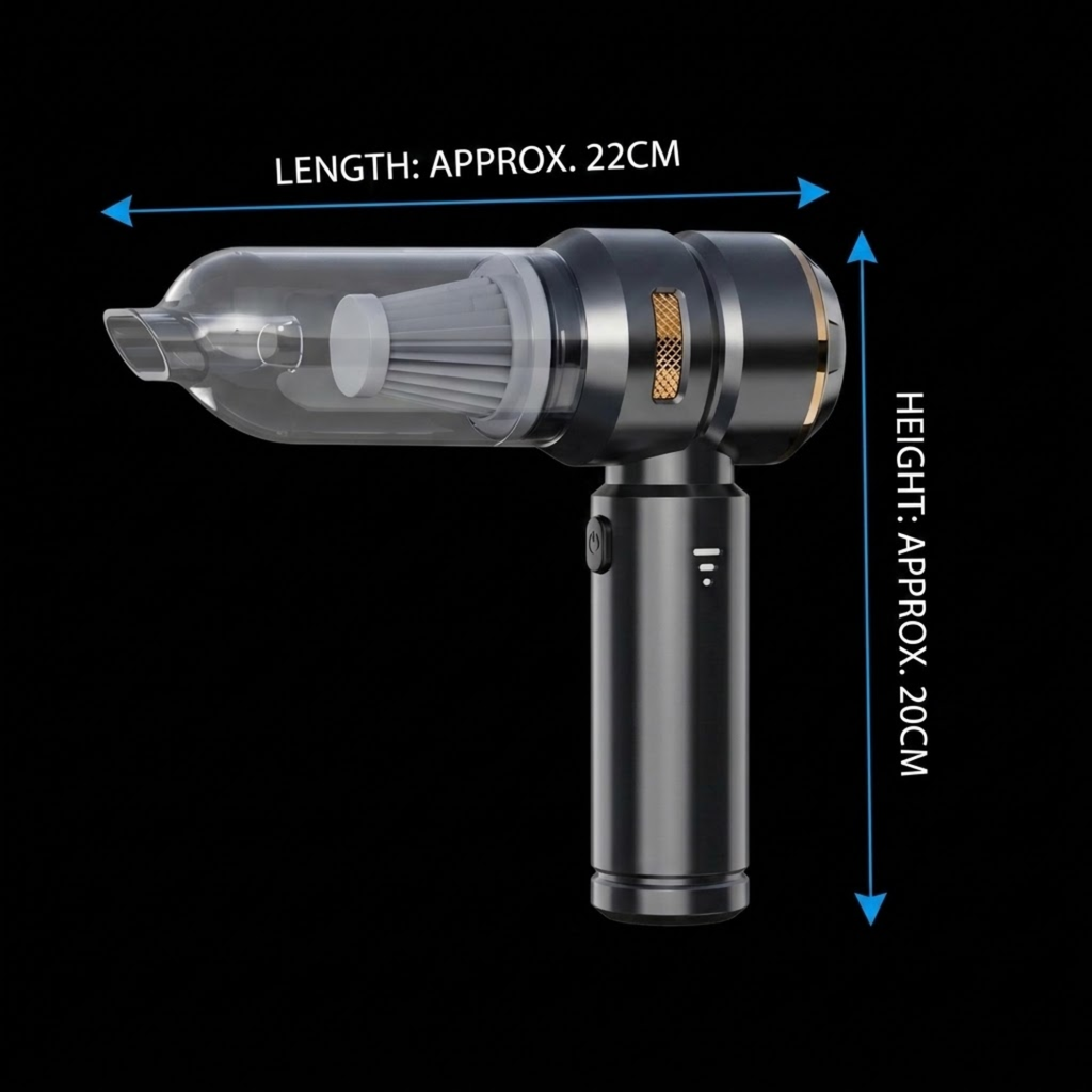 A handheld vacuum cleaner shown on a black background with blue dimension arrows and text indicating length approximately 22 cm and height approximately 20 cm.