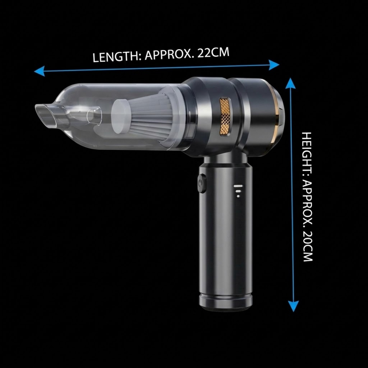 A handheld vacuum cleaner shown on a black background with blue dimension arrows and text indicating length approximately 22 cm and height approximately 20 cm.