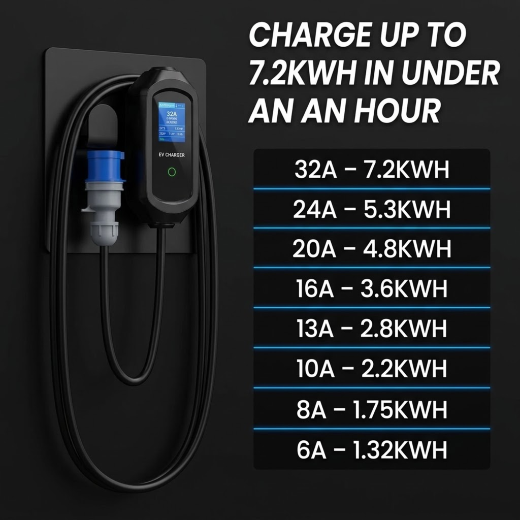Black EV charger mounted on a black wall with a coiled cable and connector, alongside large white text reading 'CHARGE UP TO 7.2KWH IN UNDER AN HOUR' and a black table listing charging amperage and kWh rates from 6A to 32A.