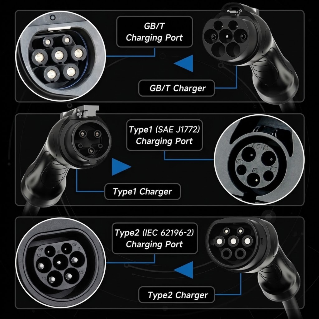 A technical comparison graphic showing three charging connector types: GB/T, Type1 (SAE J1772), and Type2 (IEC 62196-2). Each panel displays a close-up of the connector on the left and a full connector view on the right, labeled with text and blue arrows pointing to the respective charger.