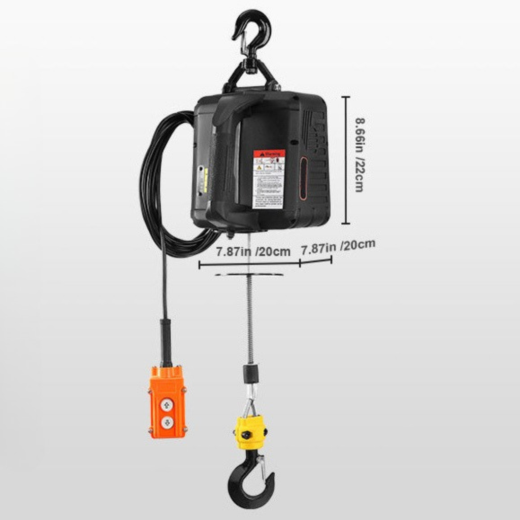 Portable Electric Hoist Winch dimension diagram showing 22 cm height and 20 cm width with wired controller and lifting hook